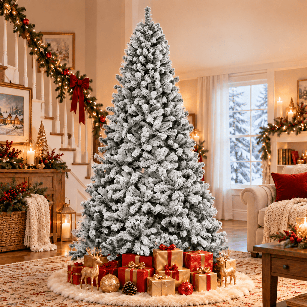 SUGIFT 7.5ft Artificial Snow Flocked Christmas Tree, 1450 Branch Tips, Unlit Holiday Decor with Metal Stand