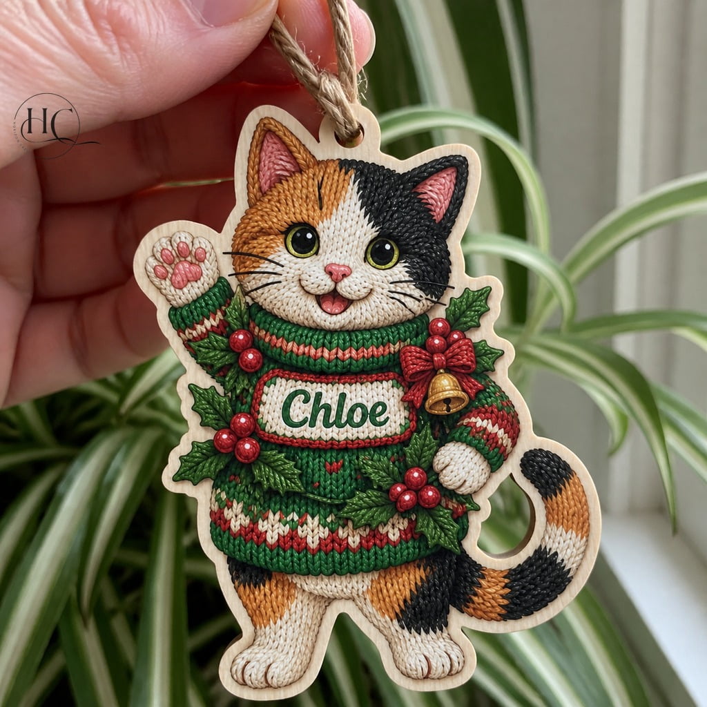 Wooden Ornament Christmas Calico Cat Sweater Wood Tree Hanging for Cat Lovers