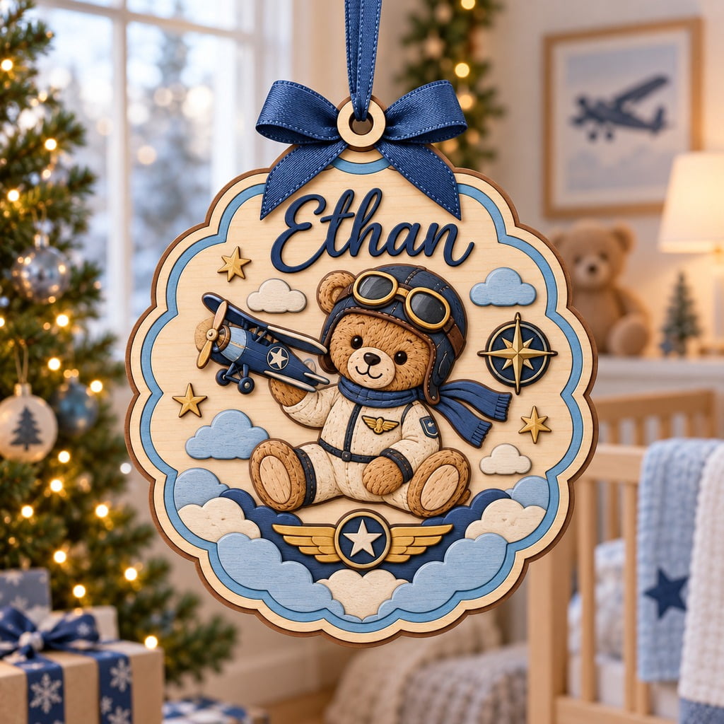 Wooden Ornament, Pilot First Christmas Personalized Tree Hanging Gift for Aviation Family