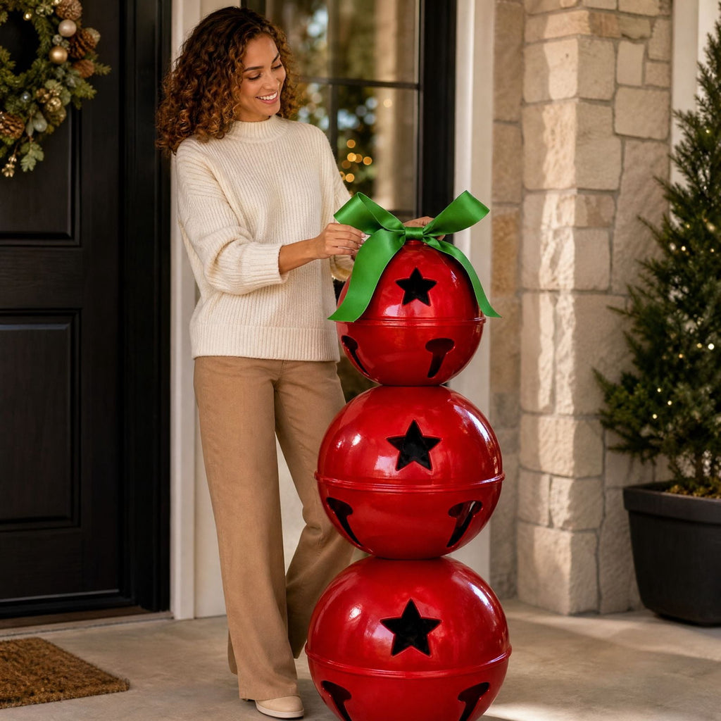 Stacked Christmas Bells, 23.6 Inch 3-Tier Red Metal Bell Decoration with Star Cutouts and Green Bow, Large Christmas Porch Decor for Mantel Entryway Holiday Display