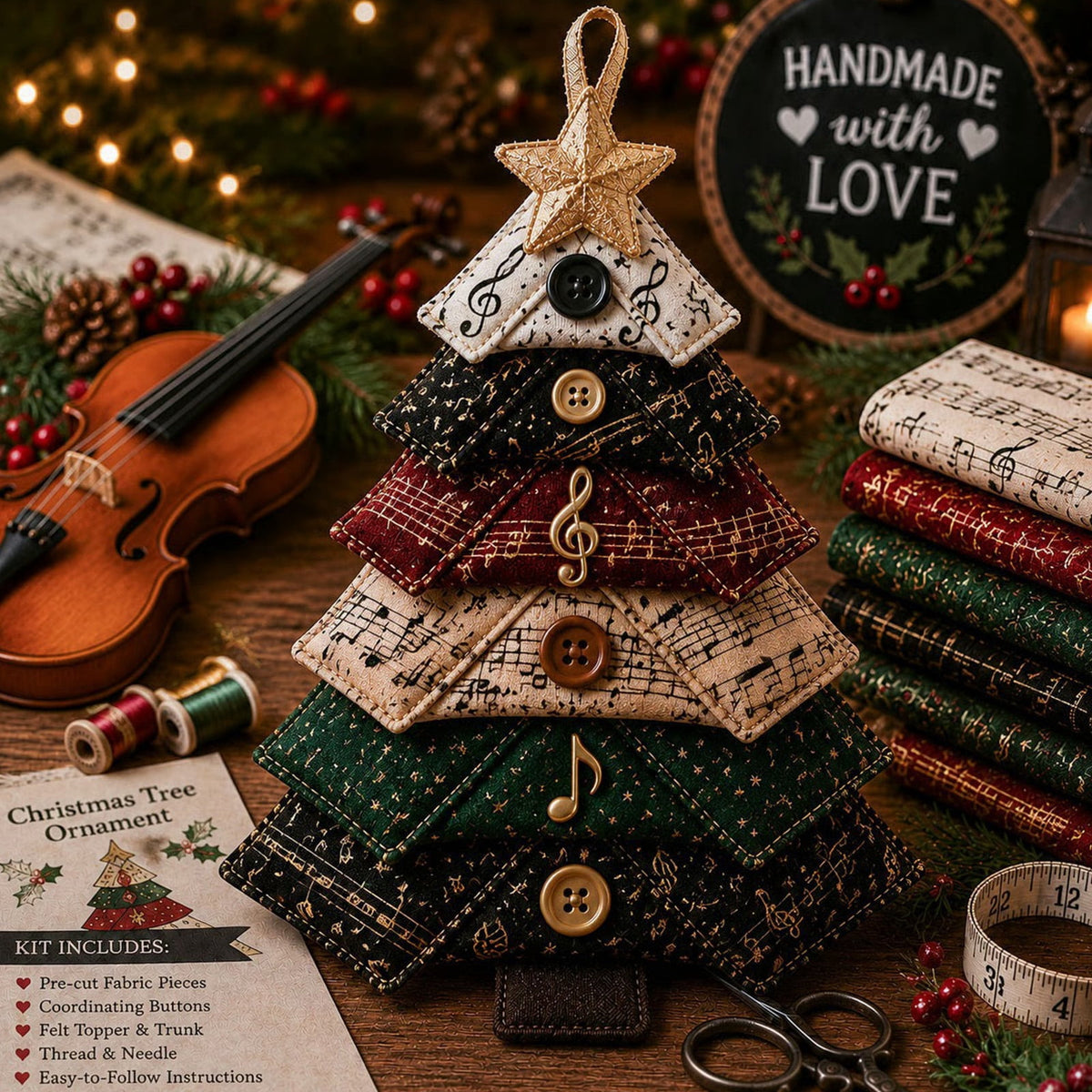 6 Pack Quilted Fabric Christmas Tree Ornament DIY Craft Set, Patchwork Xmas Tree Hanging Decoration with Buttons & Star for Farmhouse Holiday Decor