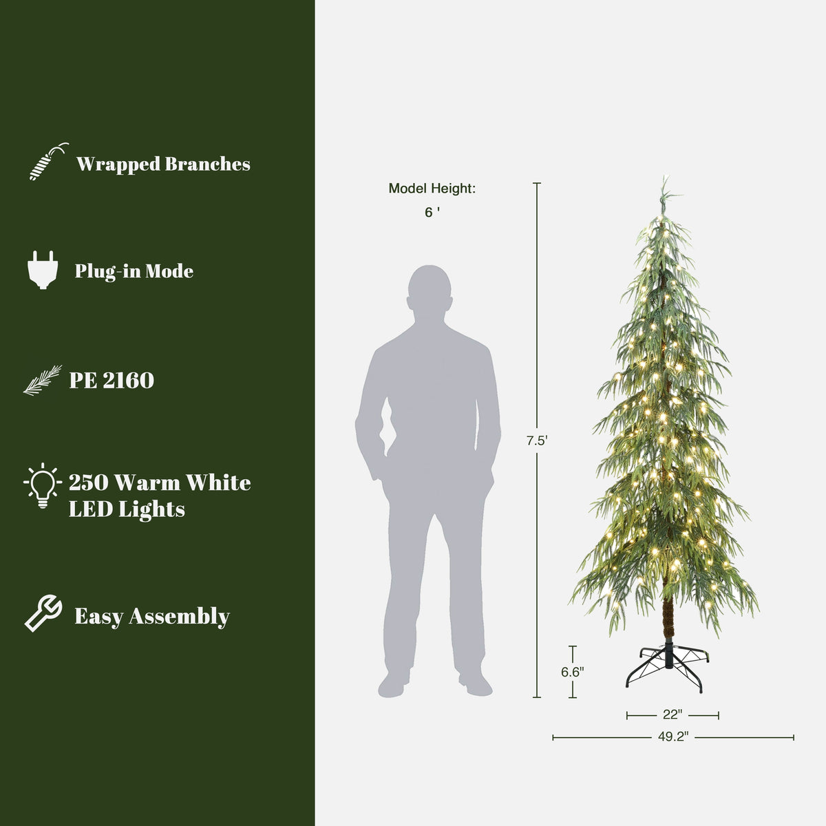 Haven Crest 7.5FT Flocked Cedar Christmas Tree 250 LEDs 2160 PE Tips Decor