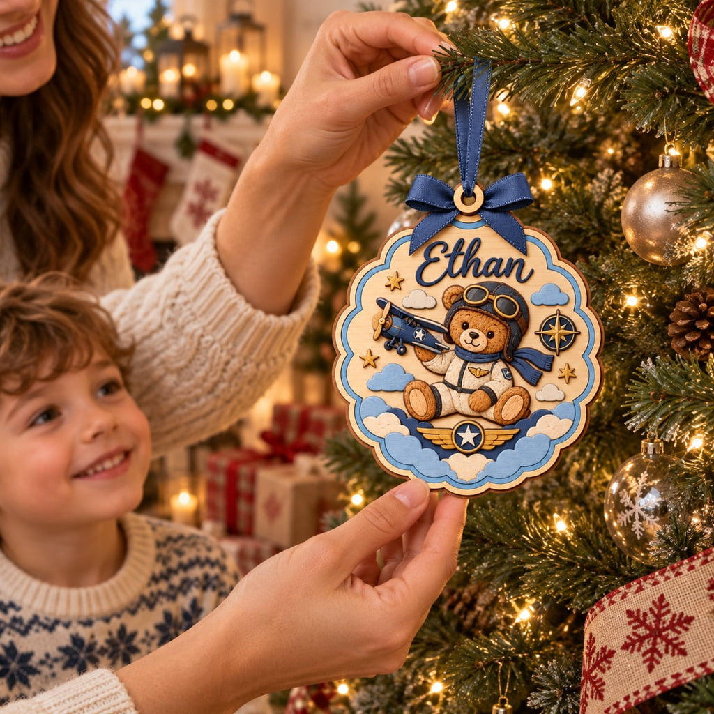 Wooden Ornament, Pilot First Christmas Personalized Tree Hanging Gift for Aviation Family