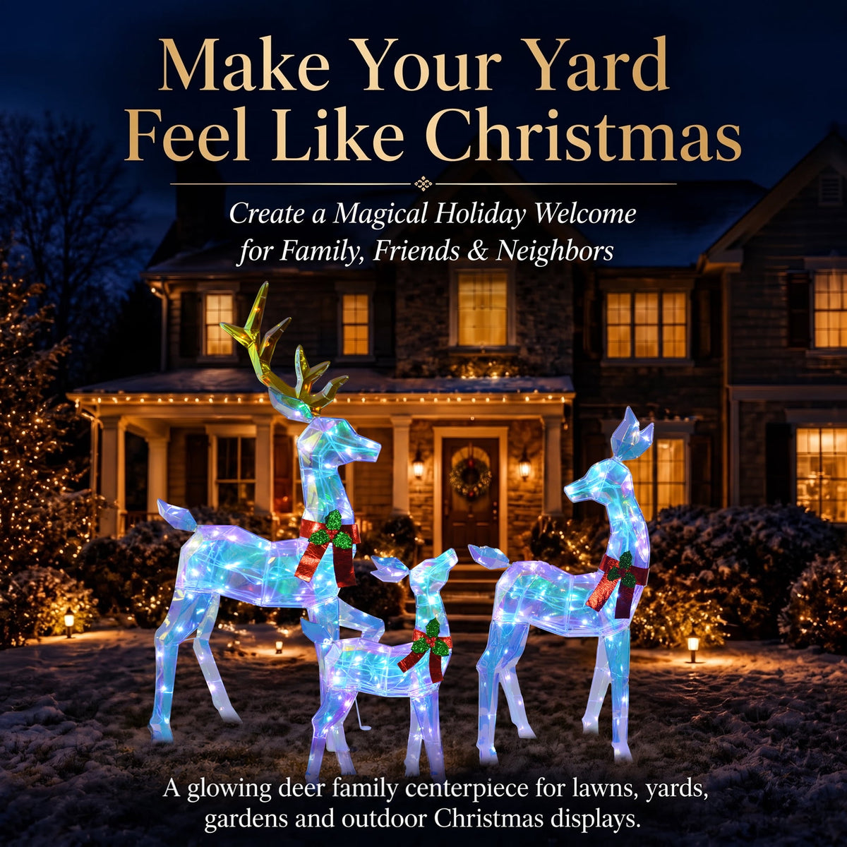 48" 3-Piece 2.5D Colorful Lighted Christmas Deer Family Outdoor Decorations, Clear-Look Reindeer Set with 145 Lights, Gold Antlers, Stakes and Zip Ties for Yard Lawn Porch Garden Holiday Decor