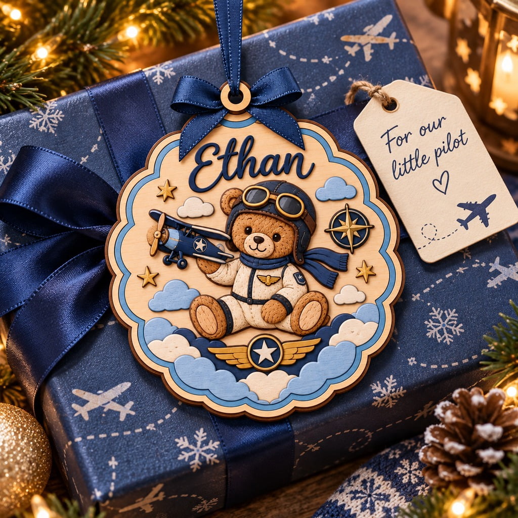 Wooden Ornament, Pilot First Christmas Personalized Tree Hanging Gift for Aviation Family
