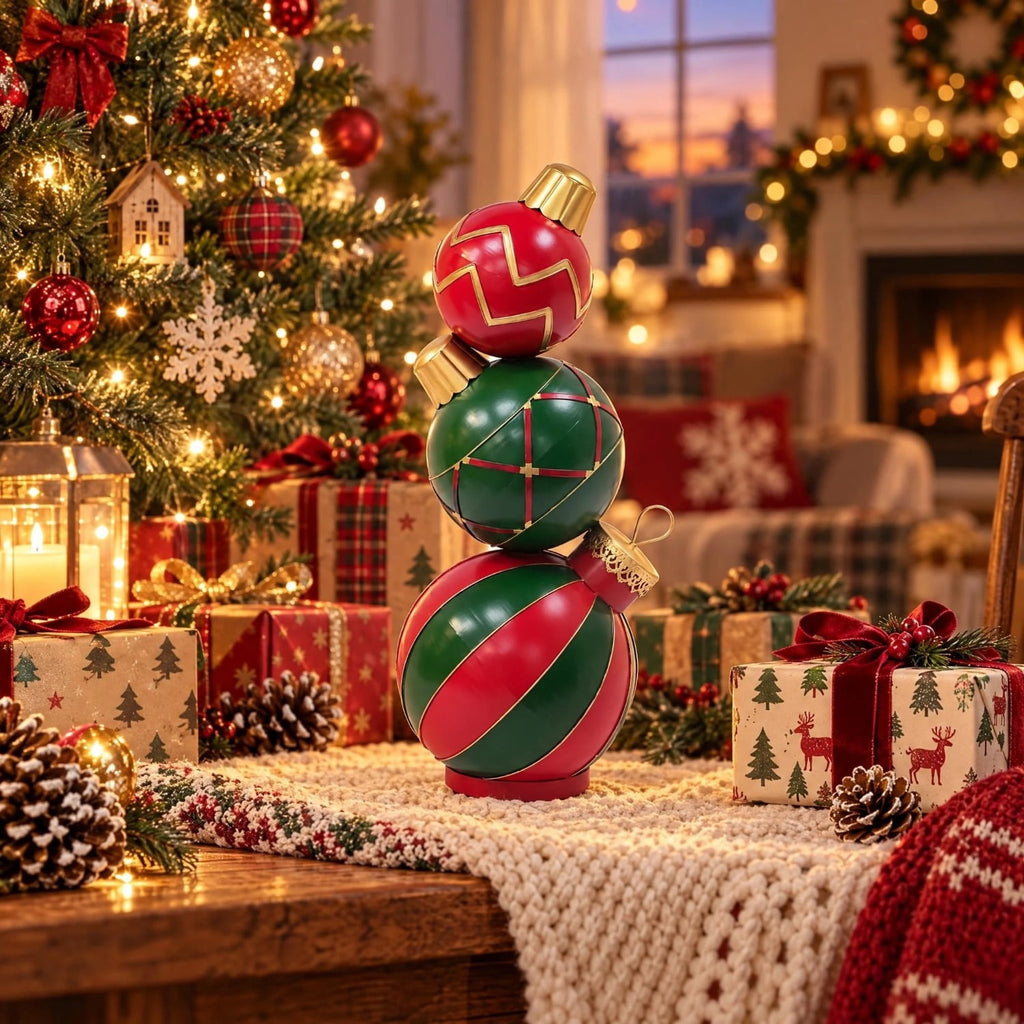 Jivora 12" Stacked Christmas Balls Decoration, Red Green Holiday Tabletop Ornament for Home