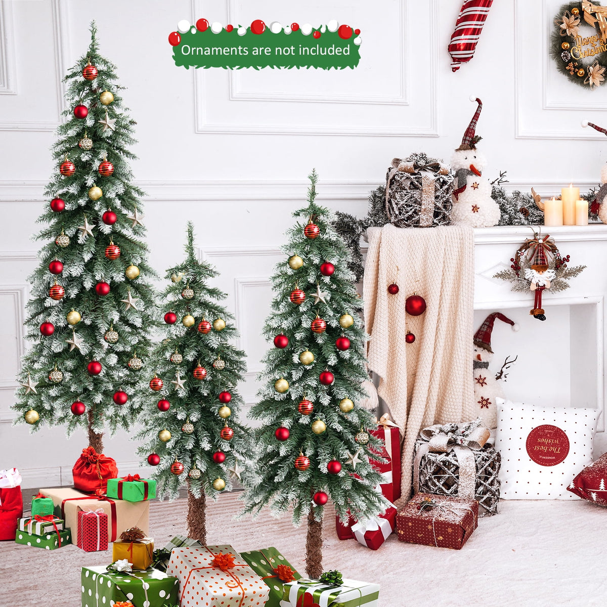 Costway Pre-Lit Christmas Tree Set of 3 Slim Artificial Lighted Xmas Decoration 3/4/5 FT