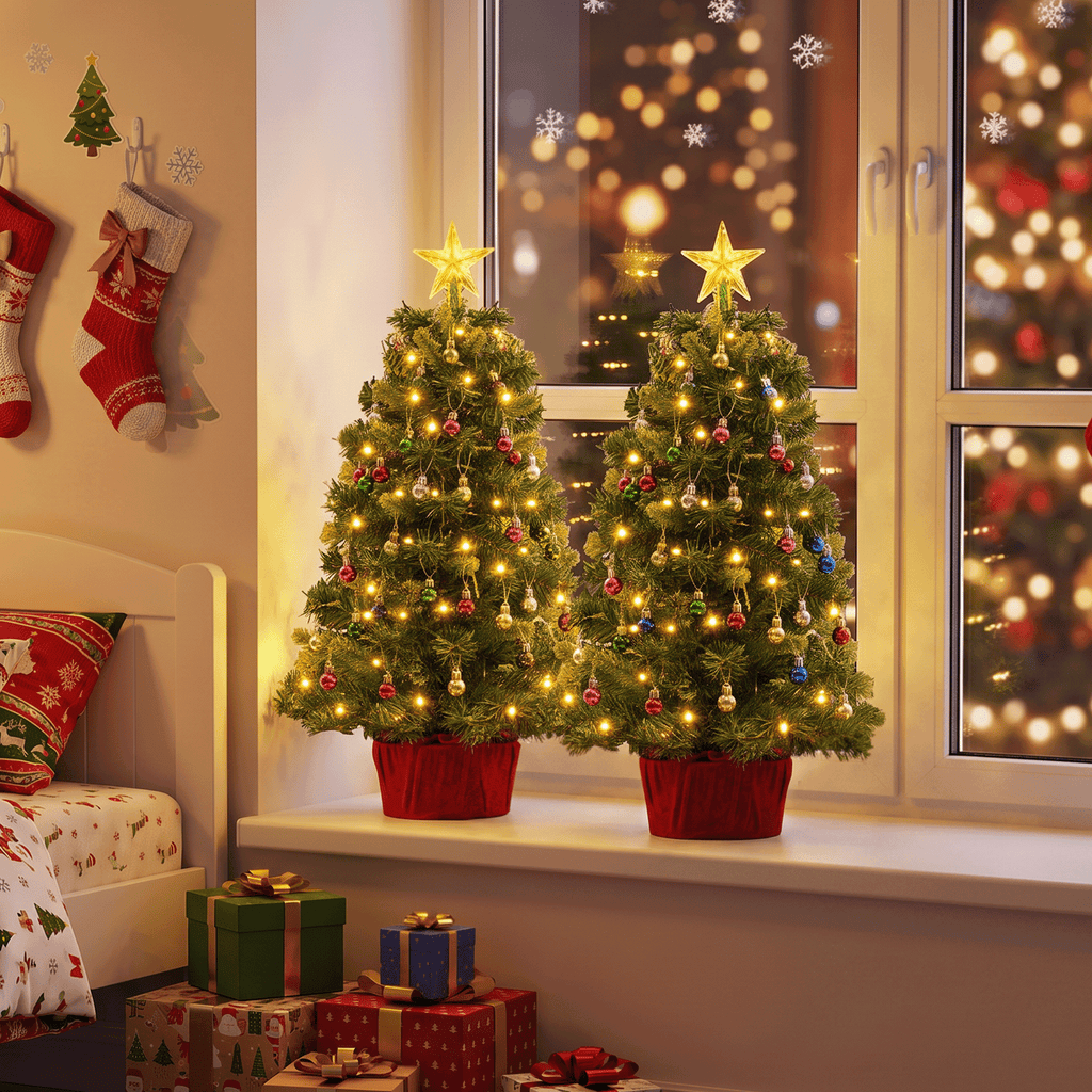 AUOSHI 2FT Mini Christmas Trees, 2 Pack Pre-Lit Artificial Tabletop Christmas Trees, Each with 60 Warm Lights, 36 Ornaments, Star Toppers, 100-Tip Small Christmas Tree Decor for Home, Small Spaces