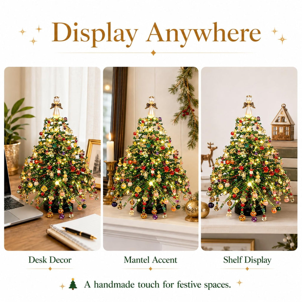 HIJUNE DIY Beaded Christmas Tree Kit, Crystal Holiday Craft Set for Adults, Colorful Beads, Ornament Charms, Metal Frame, Angel Topper, Warm Glow Display, Tabletop Decor
