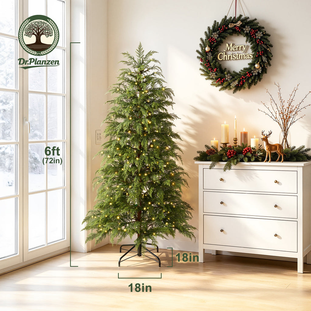 DR.Planzen 6' Pre-Lit Green Cypress Artificial Christmas Tree with 350 Warm White Twinkle LED Lights, Full-Bodied Xmas Tree with Metal Stand, Indoor Holiday Decoration