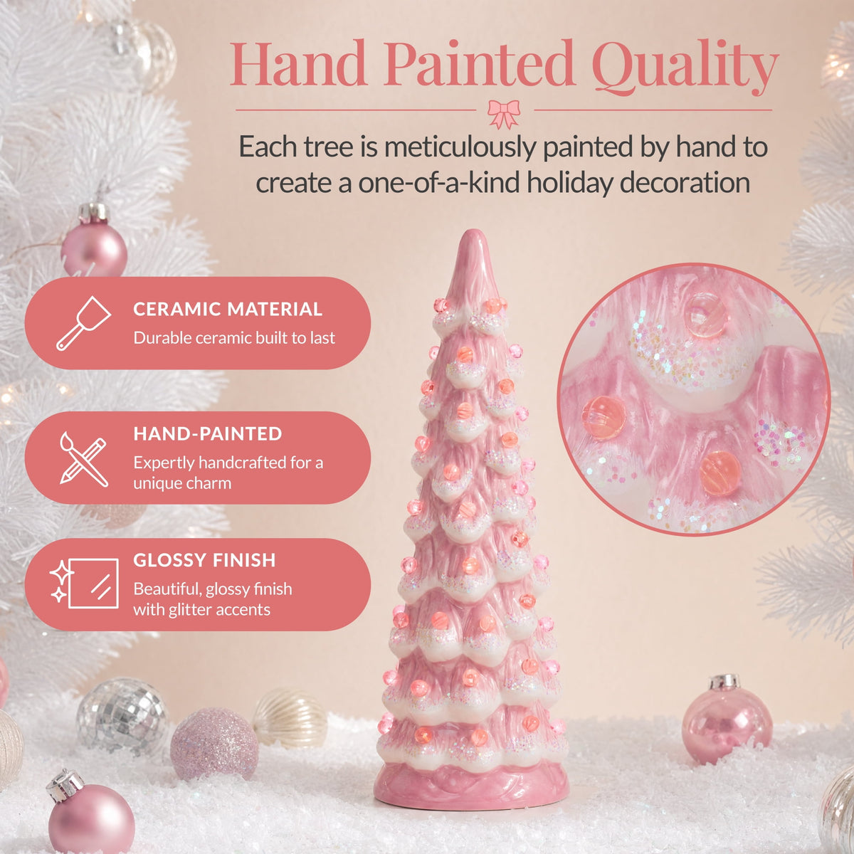 Best Choice Products Set of 3 Pre-Lit Hand-Painted Ceramic Tabletop Christmas Trees w/ Pink Bulbs - Pink