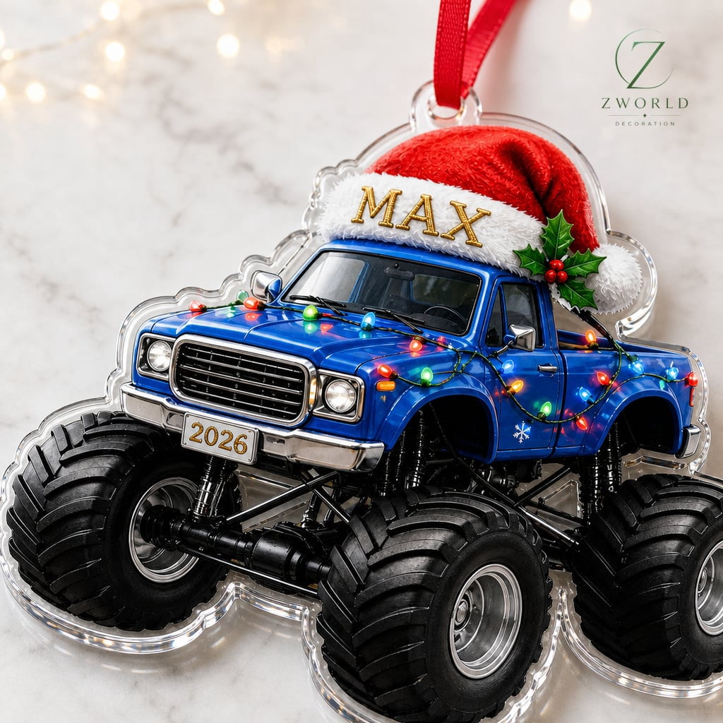Flat Ornament Personalized Monster Truck Santa Hat Vehicle with Name Christmas Tree Decor