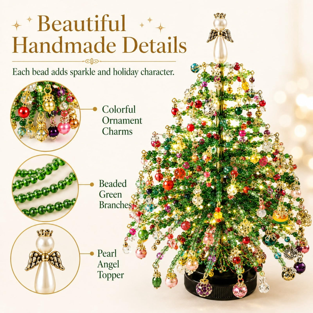 HIJUNE DIY Beaded Christmas Tree Kit, Crystal Holiday Craft Set for Adults, Colorful Beads, Ornament Charms, Metal Frame, Angel Topper, Warm Glow Display, Tabletop Decor