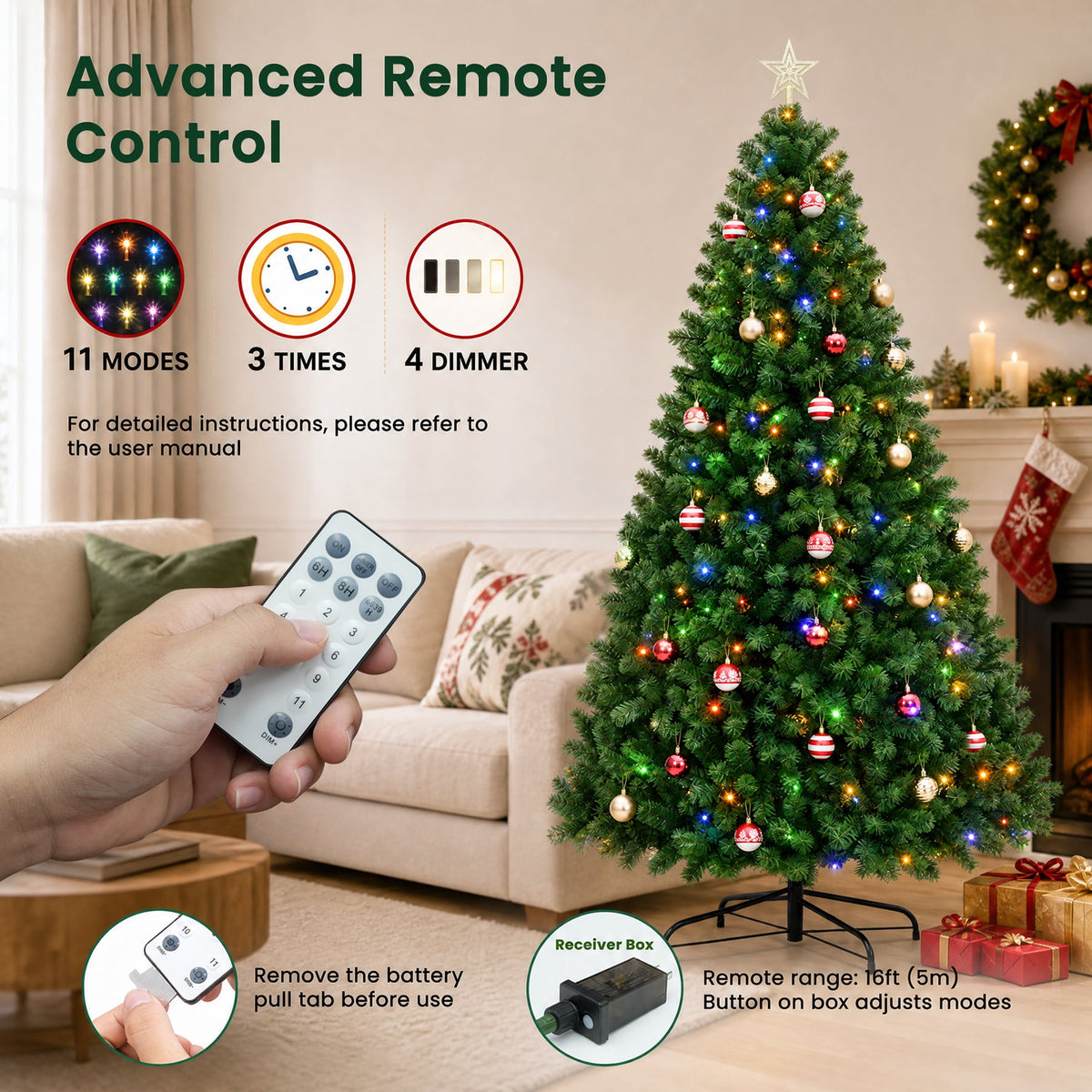 AUOSHI 7.5 FT Prelit Christmas Tree, 1600-Tip Artificial Christmas Tree with Lights, Xmas Tree with 380 LED, 11 Modes, 4 Brightness Levels, 3 Timers, Remote Control, Iron Stand, 24 Ornaments,1 Topper
