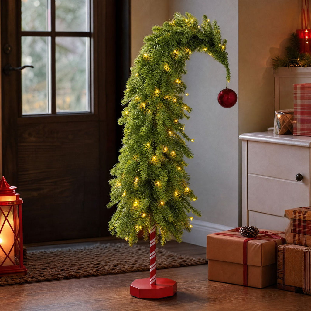 MInHoues Lighted Whimsical Christmas Tree, 55" Pre‑Lit Warm LED Bent Christmas Tree with Red Ornament, Candy Cane Base Tabletop Holiday Decor, Battery Operated Small Curved Xmas Tree for Home Party