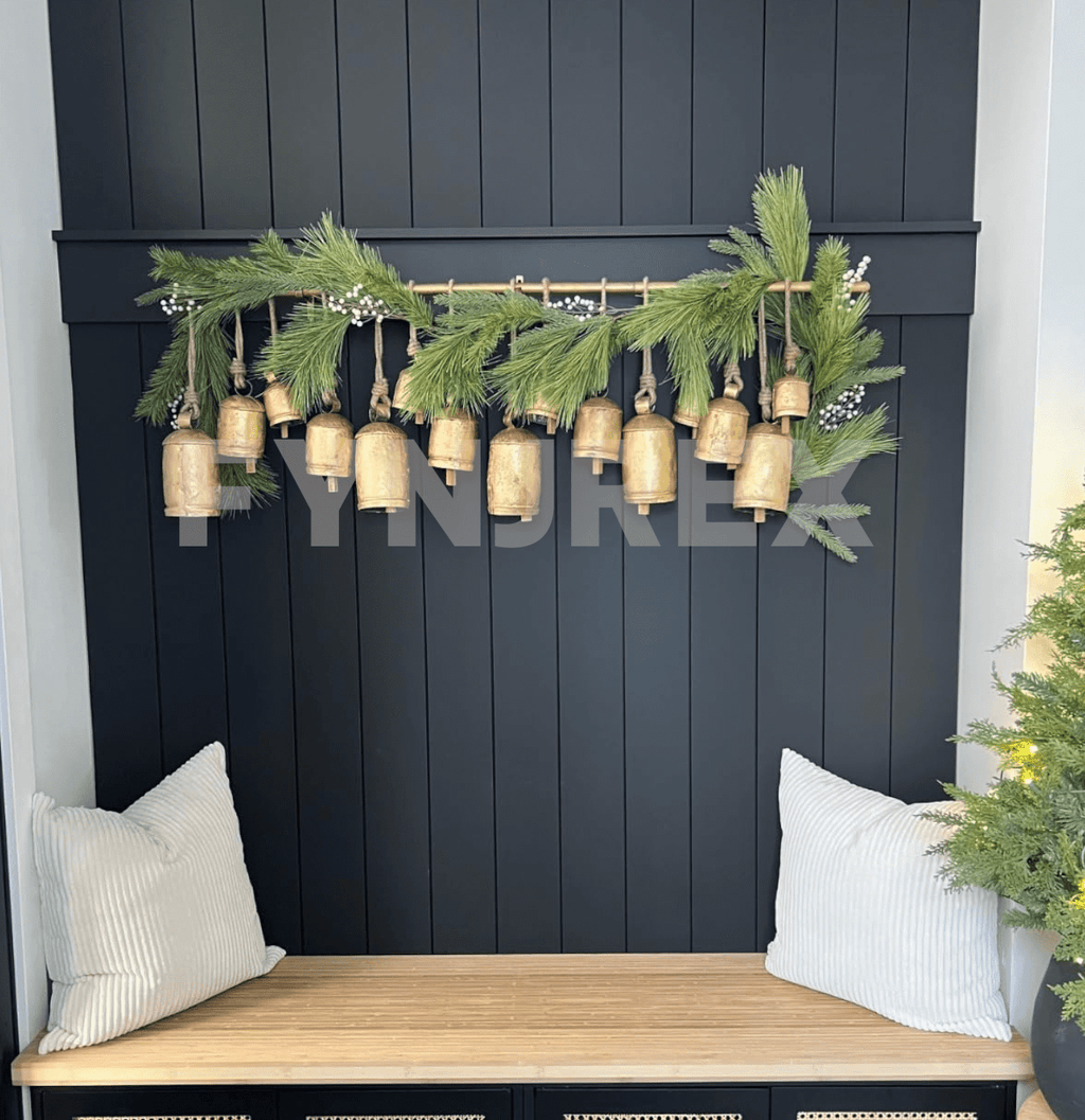 Rustic Cow Bells Set of 15 on Hanging Rod, Vintage Gold Harmony Bells Wall Decor