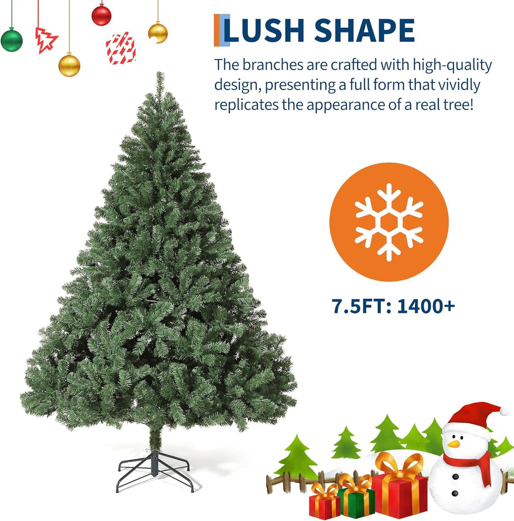 7.5ft Full PE Branch Artificial Spruce Christmas Tree, Hinged Sections Foldable Metal Base Holiday Decor