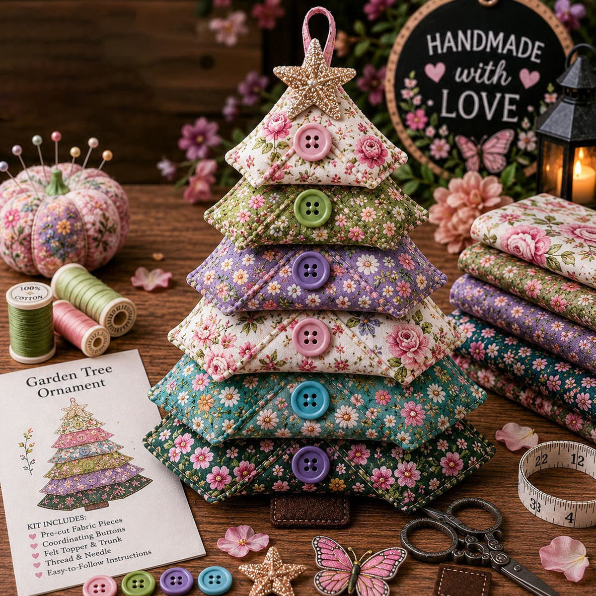 6 Pack Quilted Fabric Christmas Tree Ornament DIY Craft Set, Patchwork Xmas Tree Hanging Decoration with Buttons & Star for Farmhouse Holiday Decor