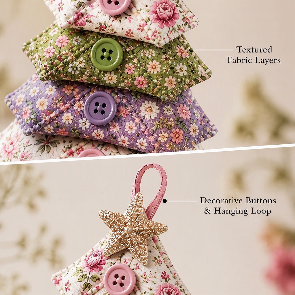 6 Pack Quilted Fabric Christmas Tree Ornament DIY Craft Set, Patchwork Xmas Tree Hanging Decoration with Buttons & Star for Farmhouse Holiday Decor