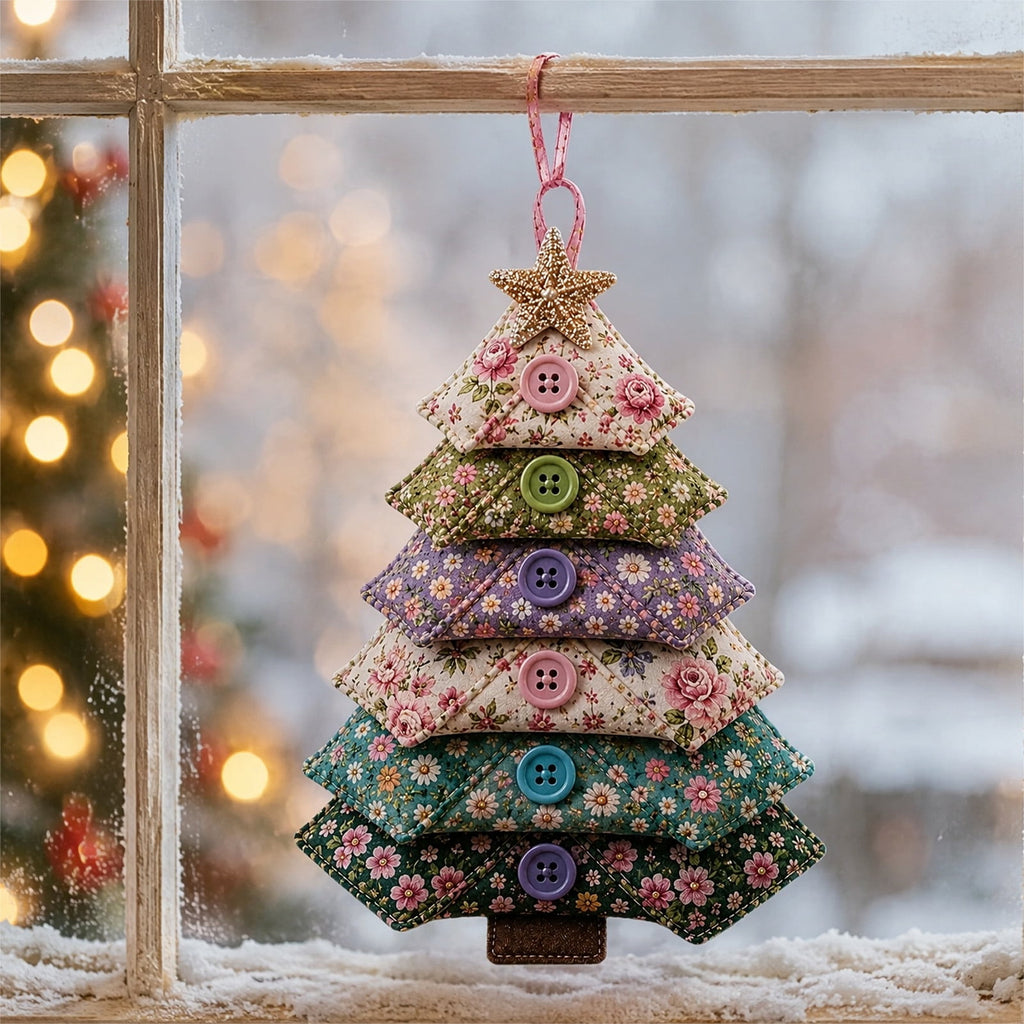 6 Pack Quilted Fabric Christmas Tree Ornament DIY Craft Set, Patchwork Xmas Tree Hanging Decoration with Buttons & Star for Farmhouse Holiday Decor