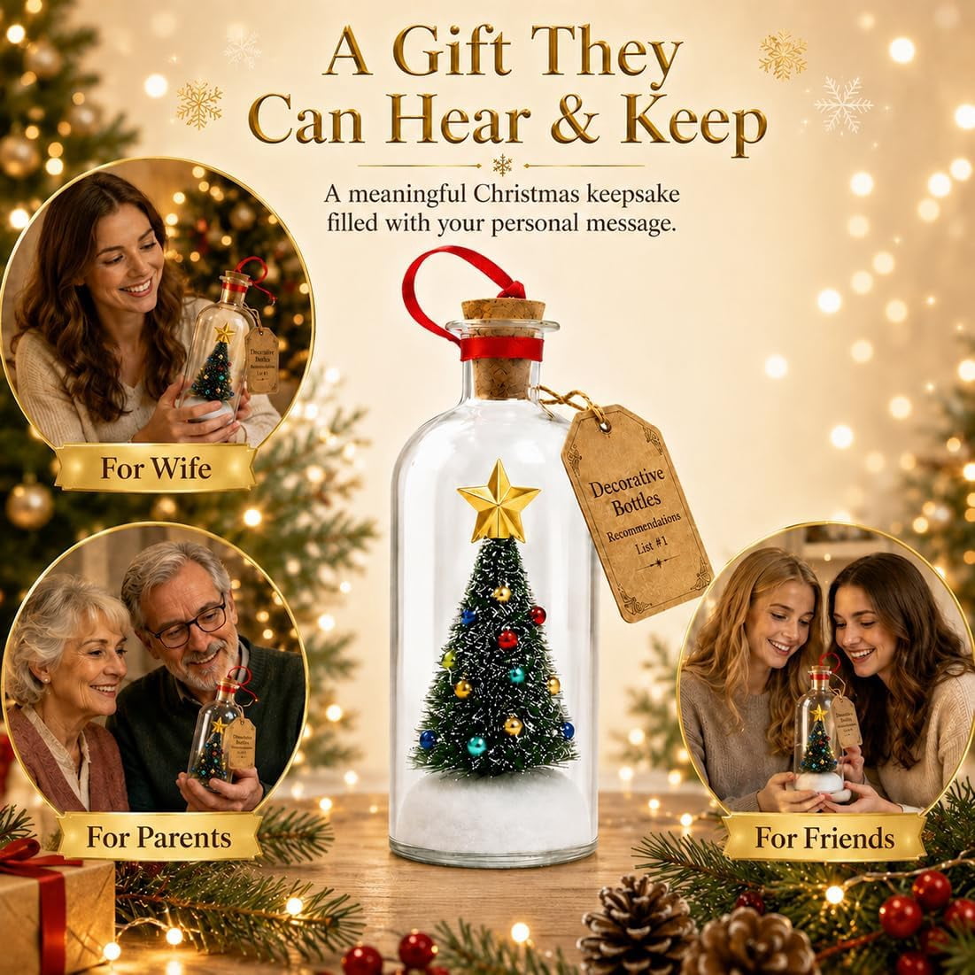 Recordable Christmas Tree in a Bottle Ornament, Record a Message 30-Second Voice Recording Keepsake, Glass Decoration with Snowy Mini Tree for Mantel