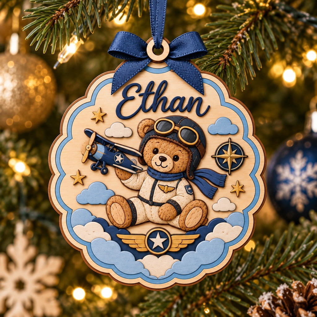 Wooden Ornament, Pilot First Christmas Personalized Tree Hanging Gift for Aviation Family