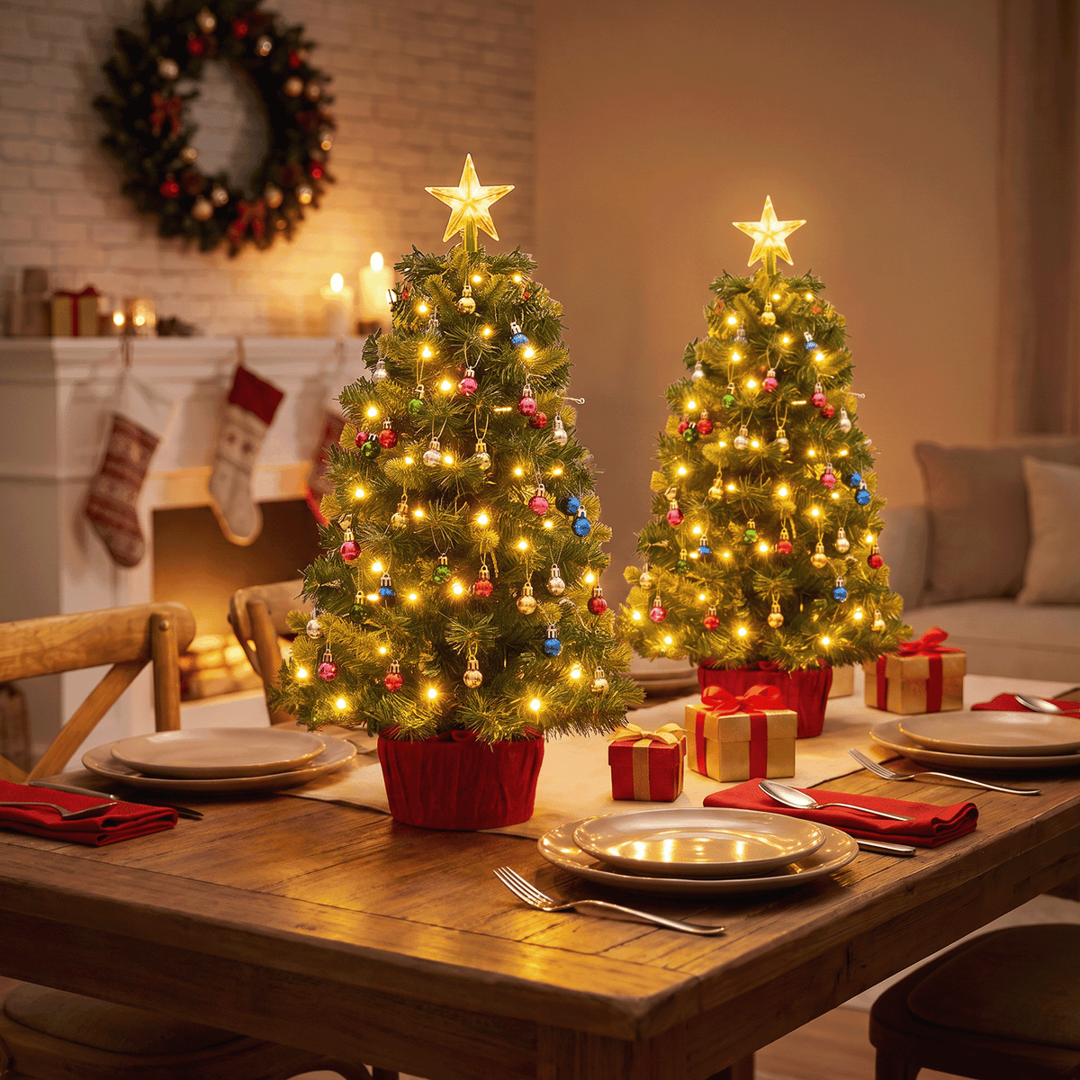 AUOSHI 2FT Mini Christmas Trees, 2 Pack Pre-Lit Artificial Tabletop Christmas Trees, Each with 60 Warm Lights, 36 Ornaments, Star Toppers, 100-Tip Small Christmas Tree Decor for Home, Small Spaces