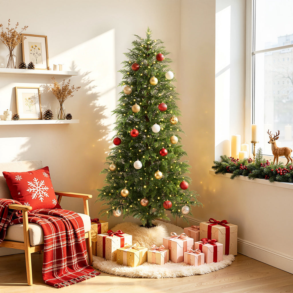 DR.Planzen 6' Pre-Lit Green Cypress Artificial Christmas Tree with 350 Warm White Twinkle LED Lights, Full-Bodied Xmas Tree with Metal Stand, Indoor Holiday Decoration