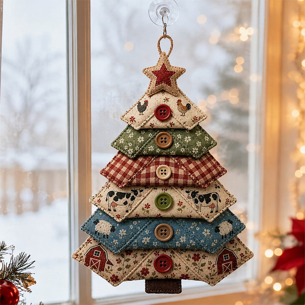 6 Pack Quilted Fabric Christmas Tree Ornament DIY Craft Set, Patchwork Xmas Tree Hanging Decoration with Buttons & Star for Farmhouse Holiday Decor