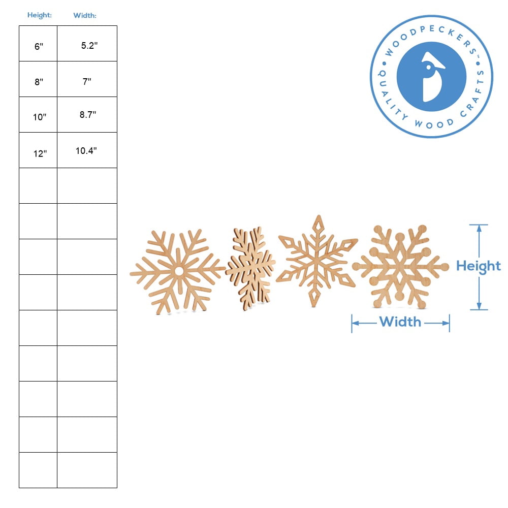 Set of 4 Wooden Snowflake Ornaments 6 inch, Pack of 25 Small Cutouts, Christmas Tree Ornaments for Crafts/Decor, by Woodpeckers