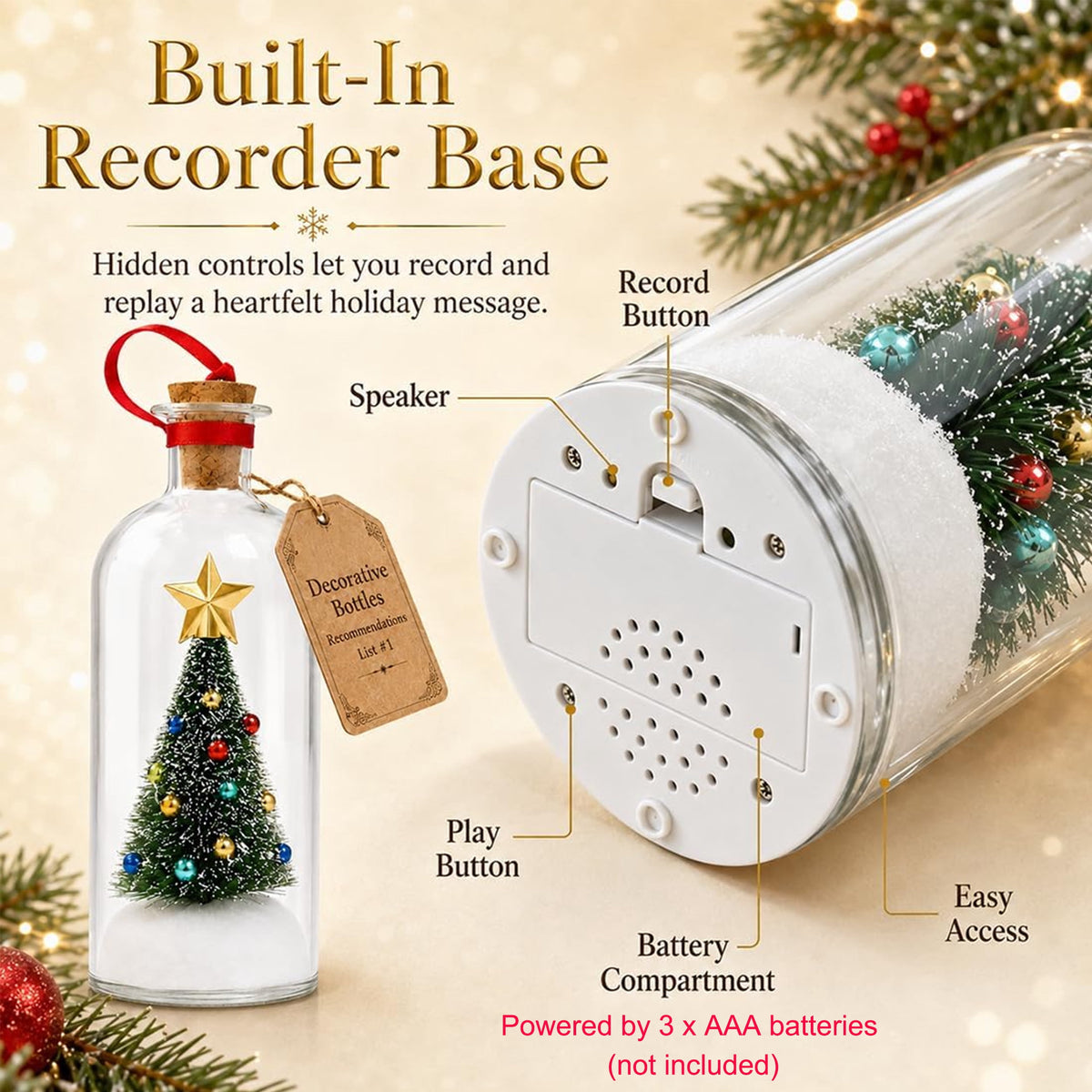 Recordable Christmas Tree in a Bottle Ornament, Record a Message 30-Second Voice Recording Keepsake, Glass Decoration with Snowy Mini Tree for Mantel