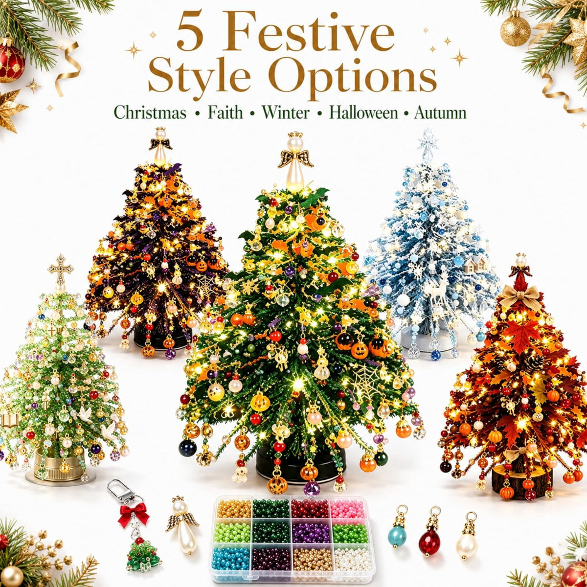 HIJUNE DIY Beaded Christmas Tree Kit, Crystal Holiday Craft Set for Adults, Colorful Beads, Ornament Charms, Metal Frame, Angel Topper, Warm Glow Display, Tabletop Decor