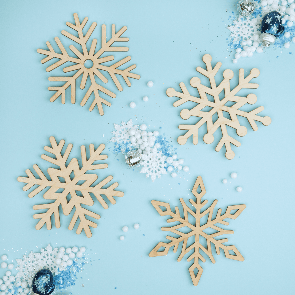 Set of 4 Wooden Snowflake Ornaments 6 inch, Pack of 25 Small Cutouts, Christmas Tree Ornaments for Crafts/Decor, by Woodpeckers