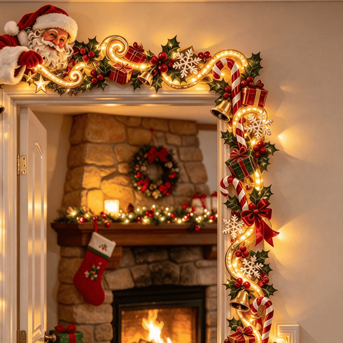 5Pcs Christmas Stair Banister Decoration Lighted Santa Snow Scene Garland for Stair Railing Indoor Holiday Home Ornament