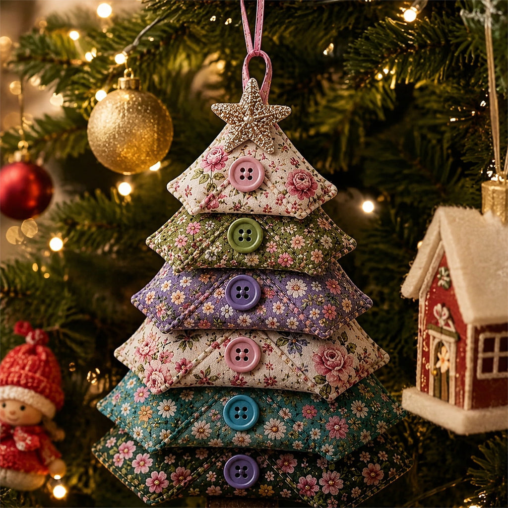 6 Pack Quilted Fabric Christmas Tree Ornament DIY Craft Set, Patchwork Xmas Tree Hanging Decoration with Buttons & Star for Farmhouse Holiday Decor