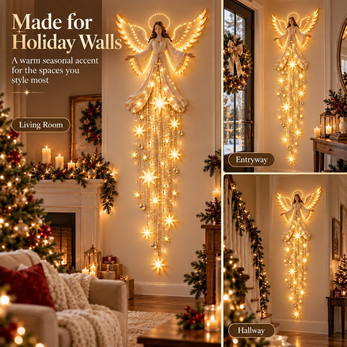 Lighted Angel Wall Decor, Bethlehem Star Christmas LED Hanging Decor