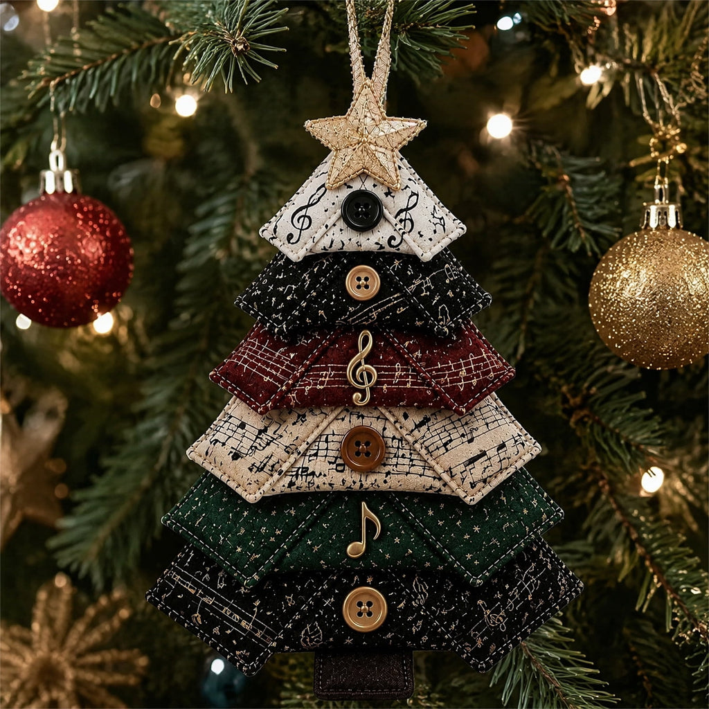 6 Pack Quilted Fabric Christmas Tree Ornament DIY Craft Set, Patchwork Xmas Tree Hanging Decoration with Buttons & Star for Farmhouse Holiday Decor
