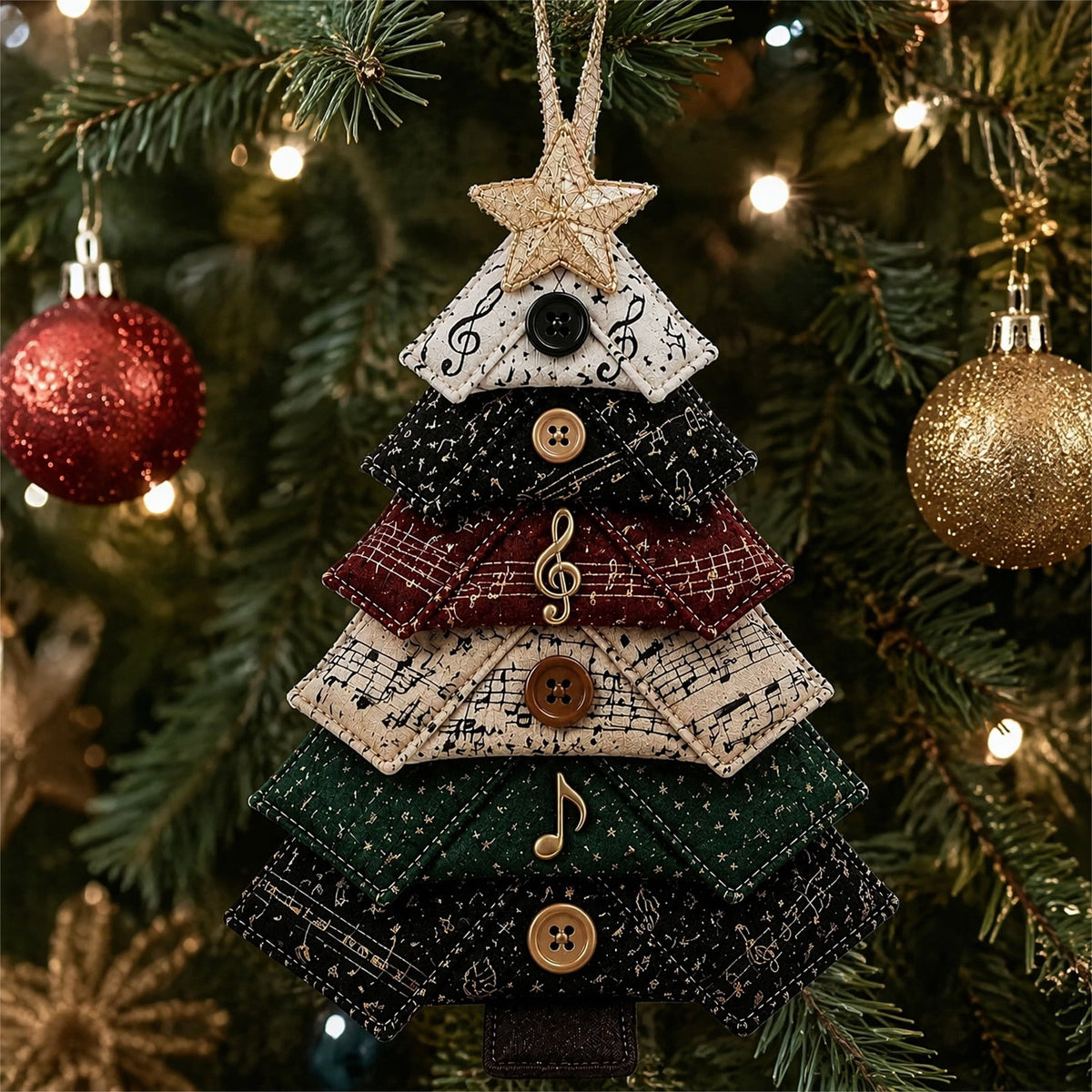 6 Pack Quilted Fabric Christmas Tree Ornament DIY Craft Set, Patchwork Xmas Tree Hanging Decoration with Buttons & Star for Farmhouse Holiday Decor