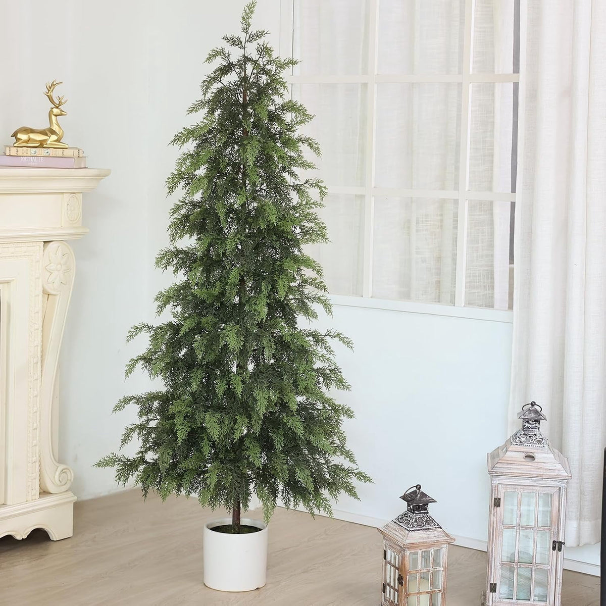 2 Set 4FT Lifelike Touch Artificial Cedar Topiary Trees for Front Porch | Fake Christmas Trees, Faux Potted Plants, UV Resistant Fake Greenery, for Front Door Garden Outdoor Farmhouse Home Decoration