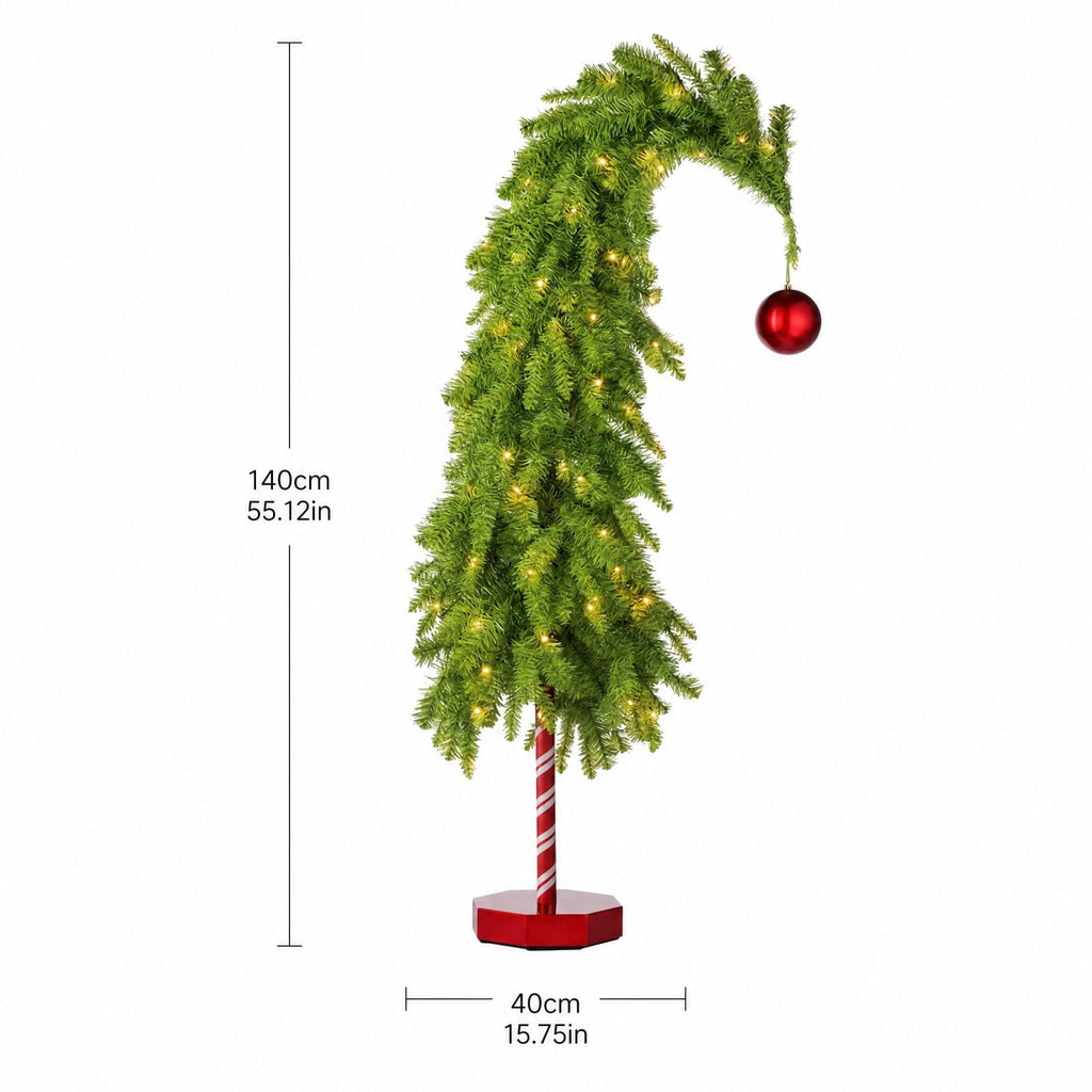 MInHoues Lighted Whimsical Christmas Tree, 55" Pre‑Lit Warm LED Bent Christmas Tree with Red Ornament, Candy Cane Base Tabletop Holiday Decor, Battery Operated Small Curved Xmas Tree for Home Party