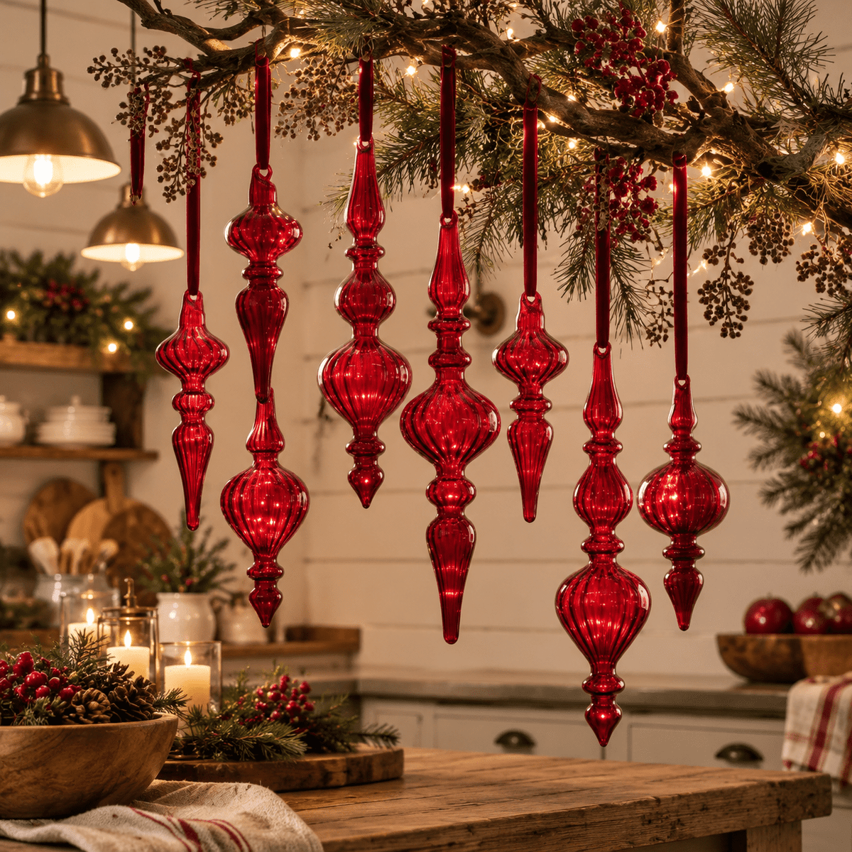 12 Burgundy Red Hand Blown Glass Finial Christmas Ornament Set
