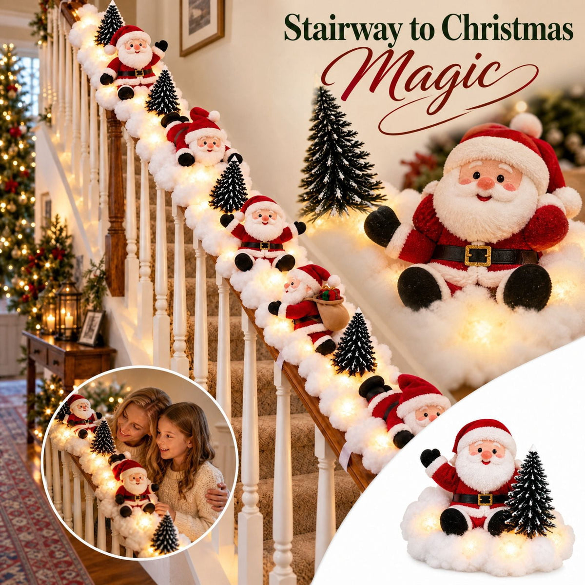 5Pcs Christmas Stair Banister Decoration Lighted Santa Snow Scene Garland for Stair Railing Indoor Holiday Home Ornament