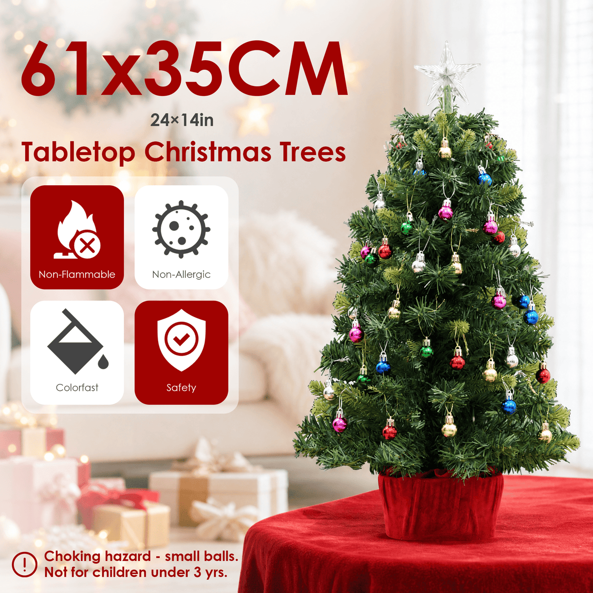 AUOSHI 2FT Mini Christmas Trees, 2 Pack Pre-Lit Artificial Tabletop Christmas Trees, Each with 60 Warm Lights, 36 Ornaments, Star Toppers, 100-Tip Small Christmas Tree Decor for Home, Small Spaces