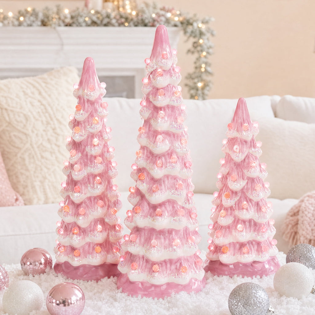 Best Choice Products Set of 3 Pre-Lit Hand-Painted Ceramic Tabletop Christmas Trees w/ Pink Bulbs - Pink