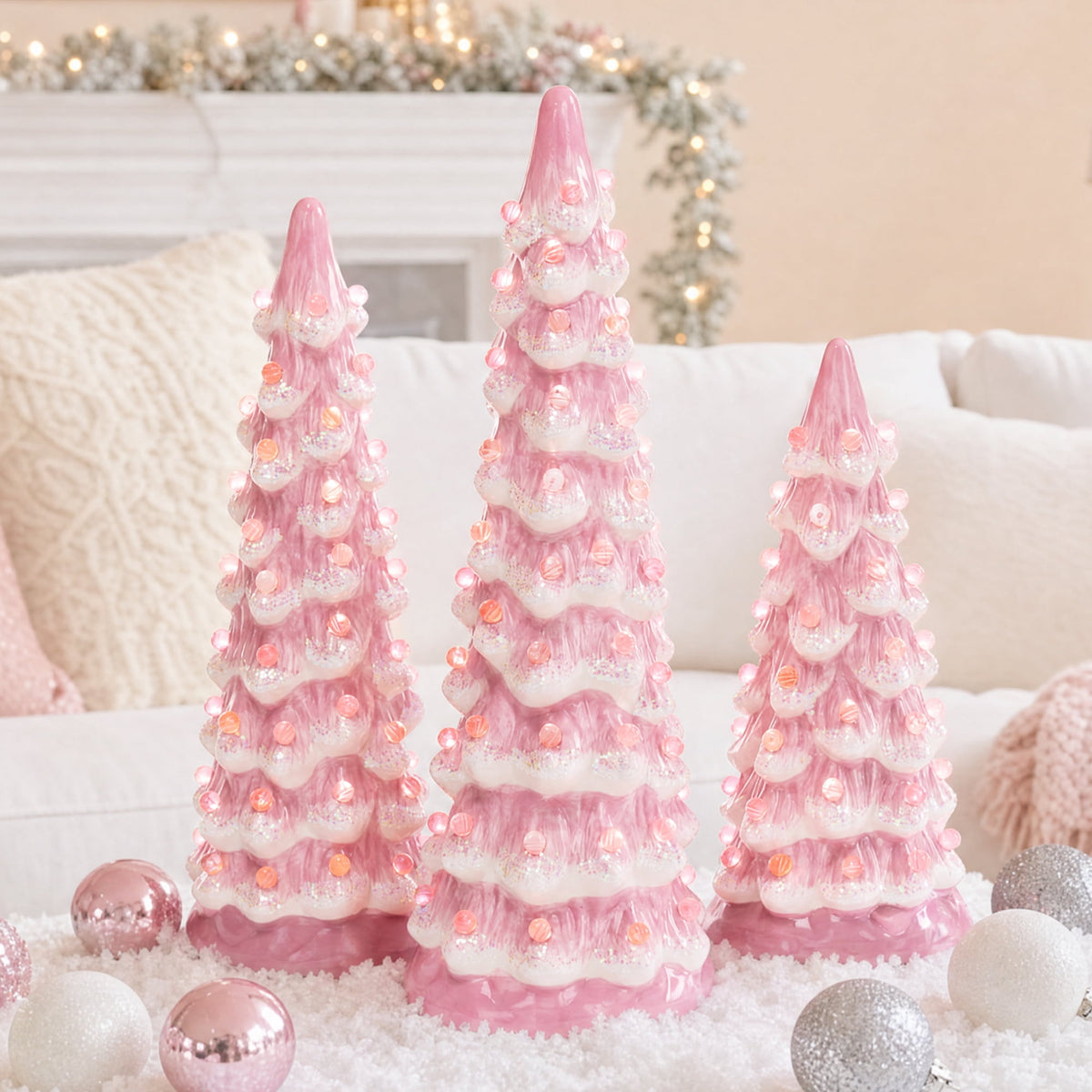 Best Choice Products Set of 3 Pre-Lit Hand-Painted Ceramic Tabletop Christmas Trees w/ Pink Bulbs - Pink