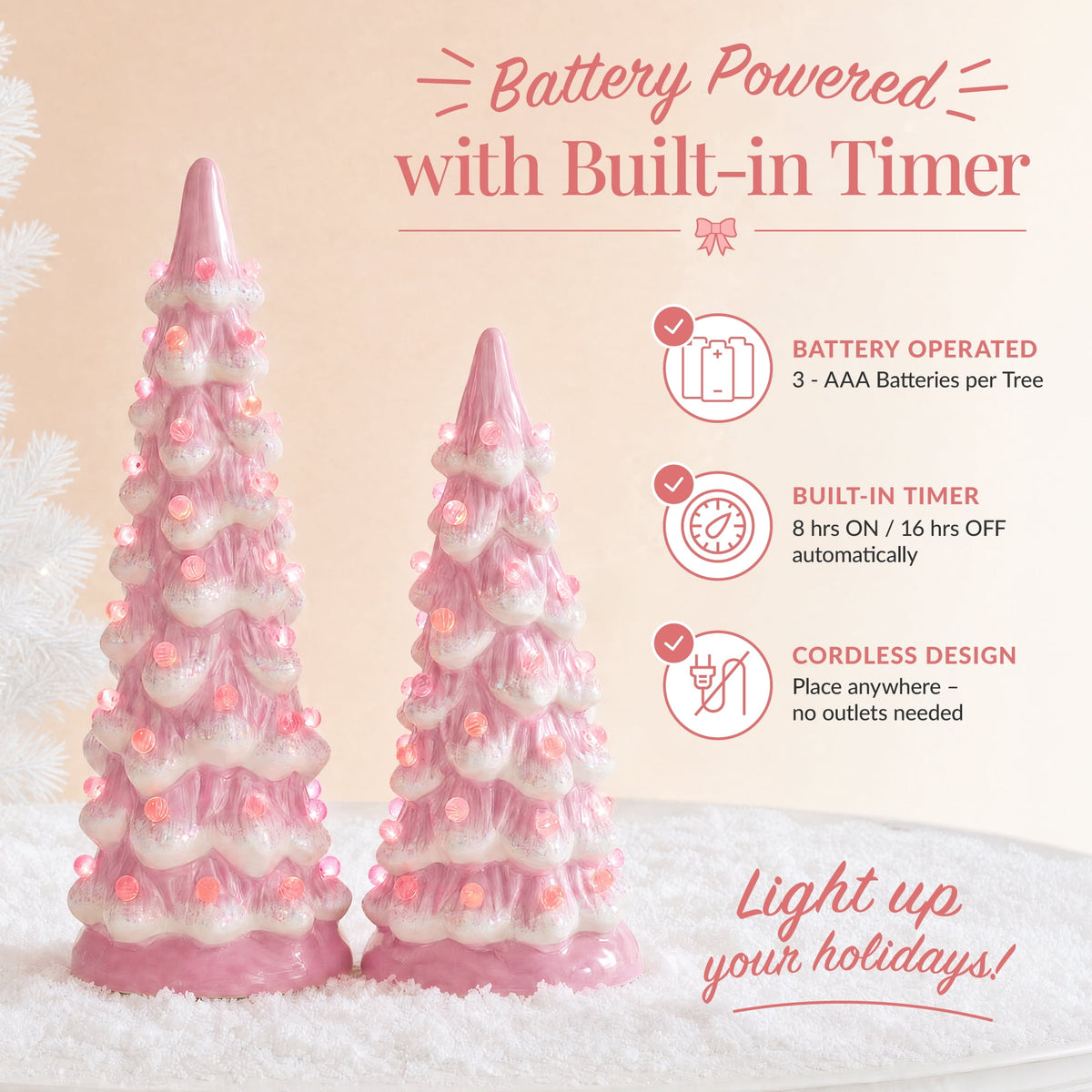 Best Choice Products Set of 3 Pre-Lit Hand-Painted Ceramic Tabletop Christmas Trees w/ Pink Bulbs - Pink