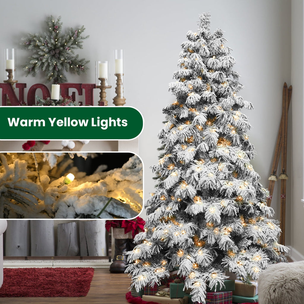 8 Ft Flocked Scarecrow-Shaped Christmas Tree with 470 Warm White LED Lights, 1242 PVC Memory Wire Tips,Power Pole & Hinged Structure , Realistic Snowy Holiday Tree