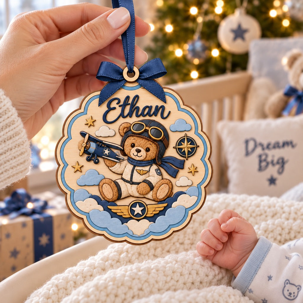 Wooden Ornament, Pilot First Christmas Personalized Tree Hanging Gift for Aviation Family