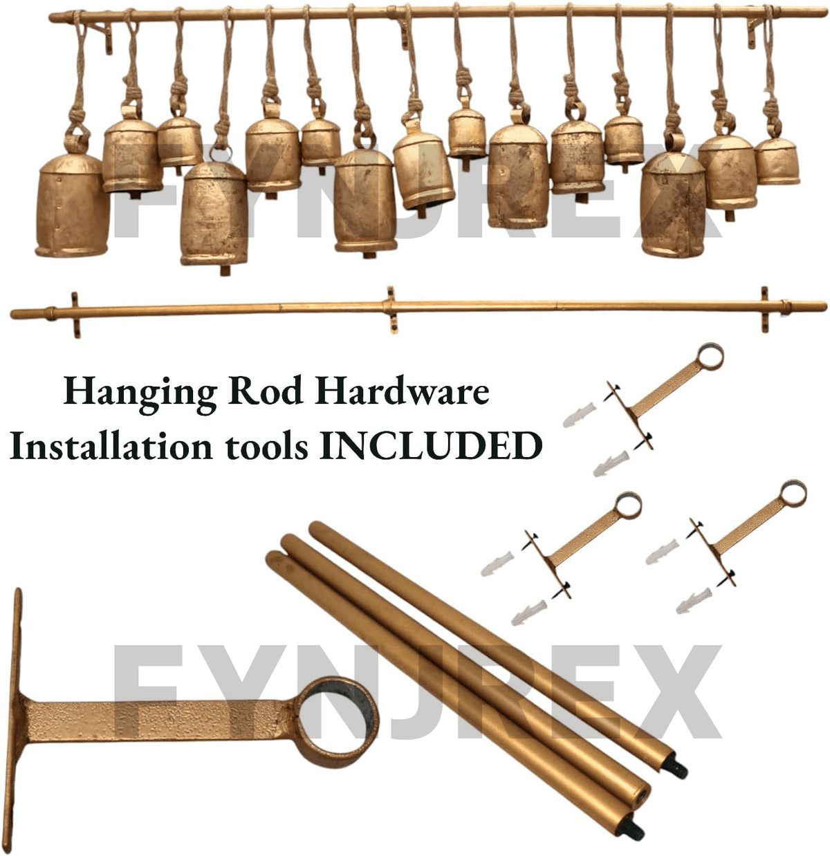 Rustic Cow Bells Set of 15 on Hanging Rod, Vintage Gold Harmony Bells Wall Decor