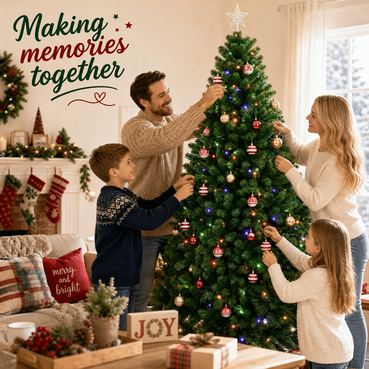 AUOSHI 7.5 FT Prelit Christmas Tree, 1600-Tip Artificial Christmas Tree with Lights, Xmas Tree with 380 LED, 11 Modes, 4 Brightness Levels, 3 Timers, Remote Control, Iron Stand, 24 Ornaments,1 Topper